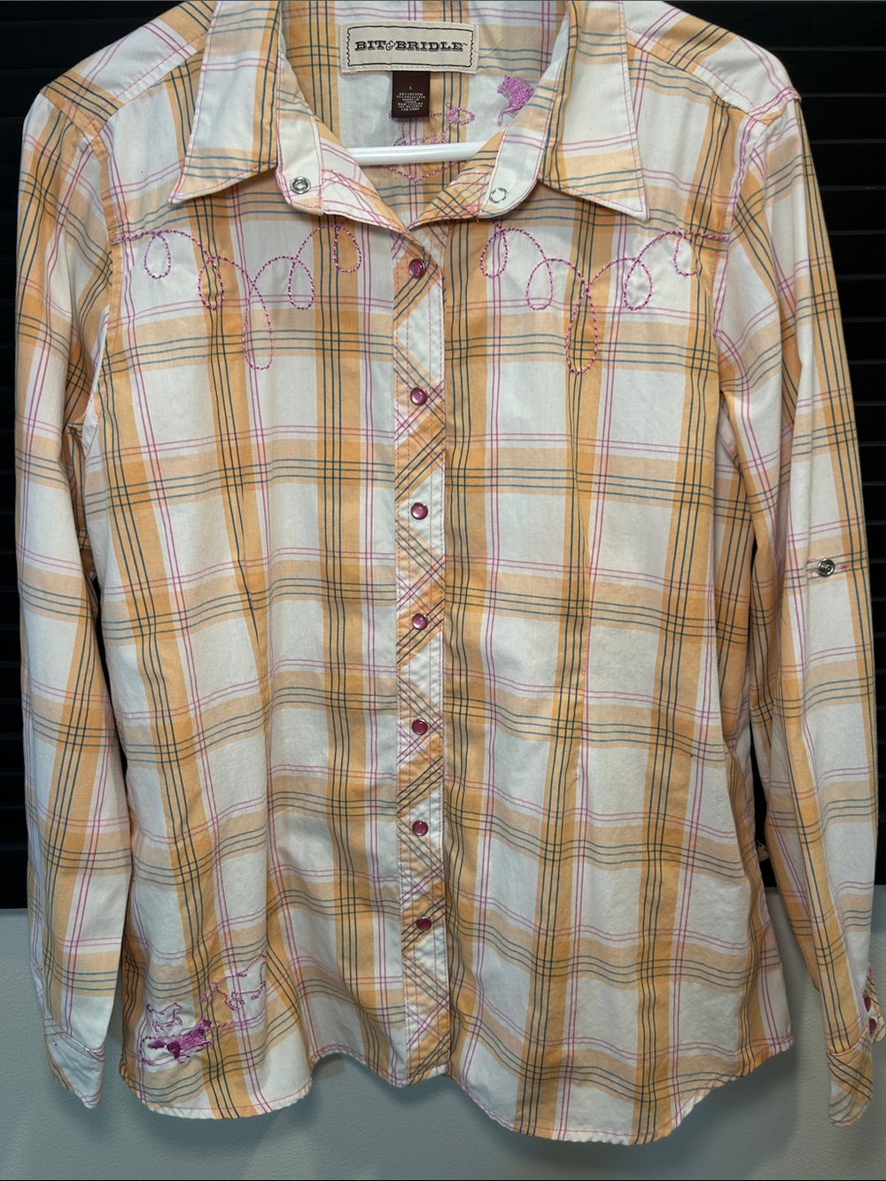 Bit & Bridle Yellow and Pink Plaid Button-Up Shirt with Embroidery